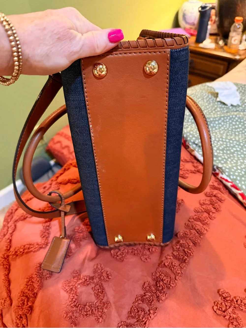 Michael Kors Navy Denim Satchel with Brown Leather Trim & Gold Hardware